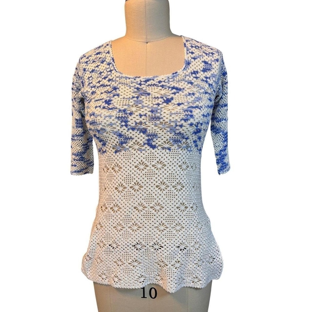 Add 'Handmade Boho Floral Crochet Knit Top S Color Blocked Blue White Vintage